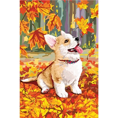 Алмазная мозаика с полным заполнением на холсте «Щенок и осень», 15×21 см