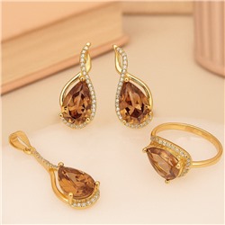 Комплект ювелирной бижутерии коллекция "Дубай" серьги, кулон и кольцо 20 р, покрытие позолота,  вставка: фианиты и цирконы, цвет: шампань и прозрачный, арт.217.363-20
