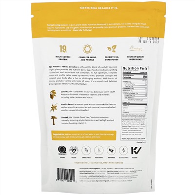 Sprout Living, Epic Protein, ваниль и лукума, 455 г (1 фунт)