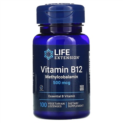 Life Extension, витамин B12, 500 мкг, 100 вегетарианских пастилок
