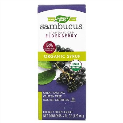Nature's Way, Sambucus, стандартизированный экстракт бузины, органический сироп, 120 мл (4 жидк. унции)