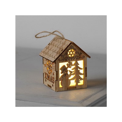 Ёлочная игрушка «Домик со снеговиком», 8×6.5×6 см, от батареек, свечение тёплое белое