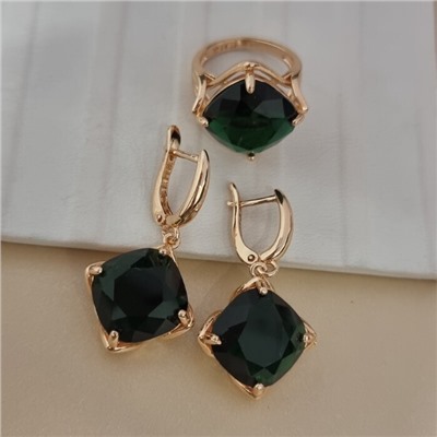 Комплект ювелирной бижутерии коллекция "Дубай" серьги и кольцо 19 р, покрытие позолота, вставка: стекло, цвет: изумрудный, арт.414.339-19