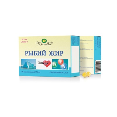 Рыбий жир Mirrolla с витаминами A, D, E, 100 капсул по 0.37 г