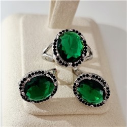 Комплект ювелирной бижутерии коллекция "Дубай" серьги и кольцо 17 р покрытие посеребрение, вставка: стекло и цирконы, цвет: зеленый и черный, арт.215.612-17