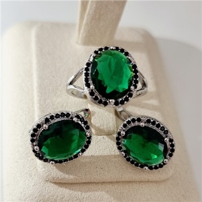 Комплект ювелирной бижутерии коллекция "Дубай" серьги и кольцо 20 р покрытие посеребрение, вставка: стекло и цирконы, цвет: зеленый и черный, арт.215.612-20
