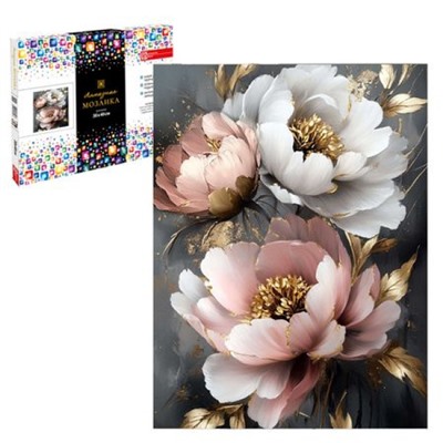 Алмазная мозаика по номерам 30х40 см (НА ПОДРАМНИКЕ) "ПИОНЫ С ЗОЛОТОМ" квадратные стразы 70846 Феникс