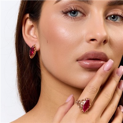 Комплект ювелирной бижутерии коллекция "Дубай" серьги и кольцо 18 р, покрытие позолота, вставка: стекло, цвет: рубиновый, арт.414.237-18