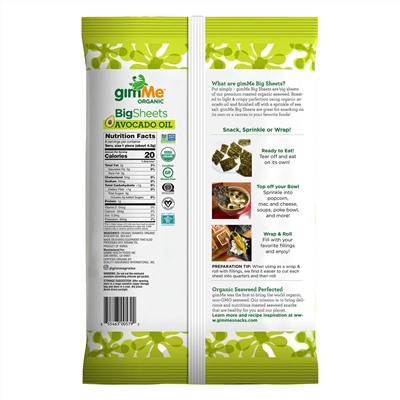 gimMe, Premium Roasted Seaweed, Big Sheets, Avocado Oil, 0.92 oz (26 g)