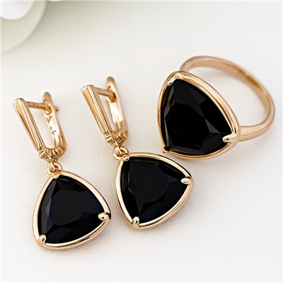 Комплект серьги и кольцо с камнем черного цвета, покрытие позолота, коллекция Дубайское золото, арт.215.649-19