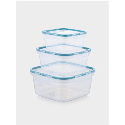 Набор контейнеров для хранения еды Idiland, 3 шт.: 400 мл, 800 мл, 1.5 л, пластик, герметичный, прозрачный, крышка голубая