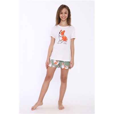 Пижама для девочки Корги на зеленом арт. ПД-023-062 (Крем)