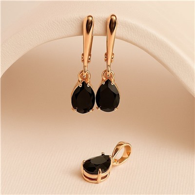 Комплект ювелирной бижутерии коллекция "Дубай" серьги и кулон, покрытие позолота, вставка: фианиты, цвет: черный, Уценка, арт.08.4025 (314.973)