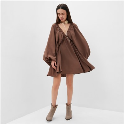 Платье мини женское MIST с глубоким вырезом, размер 48, коричневое