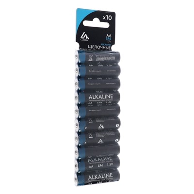 Батарейка алкалиновая (щелочная) Luazon, AA, LR6, блистер, 10 штук