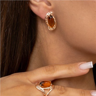 Комплект ювелирной бижутерии коллекция "Дубай",серьги и кольцо покрытие позолота, камень янтарь, р-р 19, 7602, арт.216.347-19