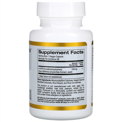 California Gold Nutrition, 5-гидрокситриптофан, поддержка хорошего самочувствия, экстракт семян гриффонии простолистной из Швейцарии, 100 мг, 90 растительных капсул
