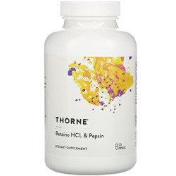 Thorne Research, Бетаингидрохлорид и пепсин, 225 капсул