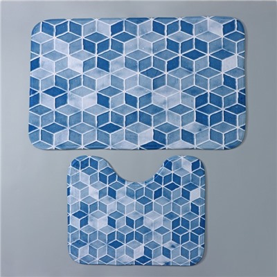 Коврики для ванной и туалета Доляна «Бурлеск», 2 шт., 50×80, 40×50 см, синие