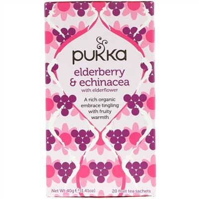Pukka Herbs, Elderberry & Echinacea, 20 Fruit Tea Sachets, 1.41 oz (40 g)