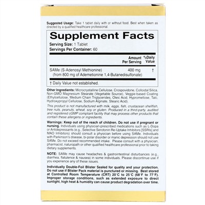 California Gold Nutrition, SAM-e, предпочтительная форма бутандисульфоната, 400 мг, 60 таблеток, покрытых кишечнорастворимой оболочкой