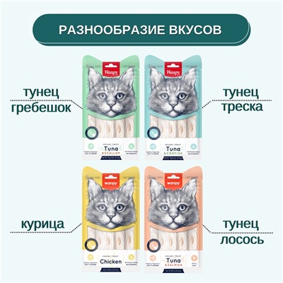 Wanpy Cat Лакомство для кошек «Нежное пюре» из тунца и трески 70 г