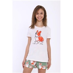 Пижама для девочки Корги на зеленом арт. ПД-023-062 (Крем)