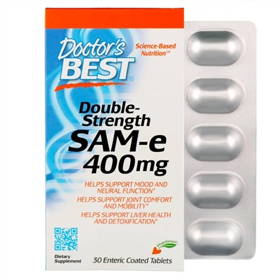 Doctor's Best, SAM-e, двойная сила, 400 мг, 30 таблеток, покрытых кишечнорастворимой оболочкой