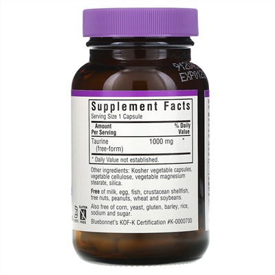 Bluebonnet Nutrition, таурин, 1000 мг, 50 вегетарианских капсул