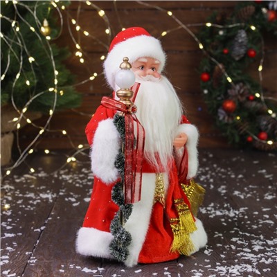 Дед Мороз под ёлку «Зимнее волшебство. С украшенным посохом и мешком», двигается, с подсветкой, 30 см, красный