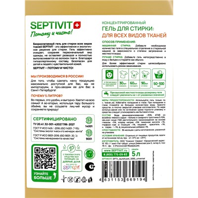 Гель для стирки SEPTIVIT «Дыня и Мед» универсальный, 5 л