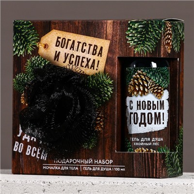 Подарочный набор новогодний «Богатства и успеха», гель для душа 100 мл и мочалка для тела, Чистое счастье