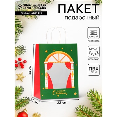 Пакет подарочный новогодний с окном «Театр» 30×22×14 см