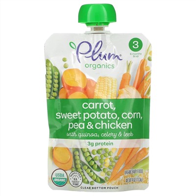 Plum Organics, органическое детское питание, этап 3, морковь, батат, кукуруза, горох, курица с киноа, сельдереем и луком-пореем, 113 г (4 унции)