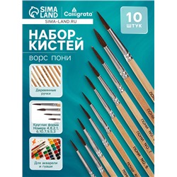 Набор кистей для рисования, пони, 10 штук: № 1, 2, 3, 4, 5, 6, 7, 8, 9, 10, круглые, деревянная ручка, международный размер