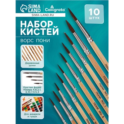 Набор кистей для рисования, пони, 10 штук: № 1, 2, 3, 4, 5, 6, 7, 8, 9, 10, круглые, деревянная ручка, международный размер
