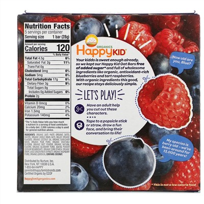 Happy Family Organics, Happy Kid, черника + малина, фруцты и овес, 5 кусков, 0,99 унц. (28 г) каждый