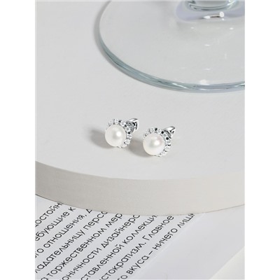 Серьги-пусеты из серебра с культивированным жемчугом и фианитами родированные 925 пробы 4-499р1005