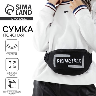 Сумка поясная PRINCIPE, 35×12×5 см, со светотражающими элементами, отдел на молнии, чёрная