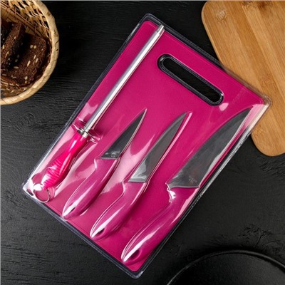 Набор кухонных принадлежностей, 5 предметов: ножи 9 см, 12 см, 15 см, мусат, доска, МИКС