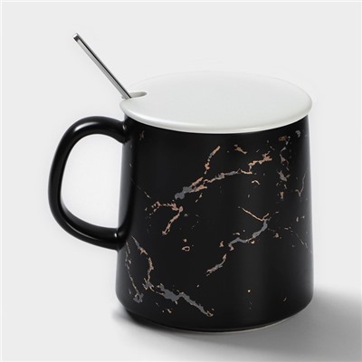 Кружка с ложкой «Чёрный мрамор», 350 мл, керамика, чёрная