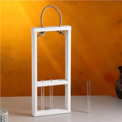 Кашпо деревянное, 18×5×40 см, 3 колбы, ручка - верёвка, белое