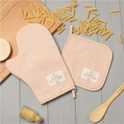 Набор кухонный «Этель» Kitchen: бежевый, варежка-прихватка 20×28 см, прихватка 19×19 см, 100% хлопок