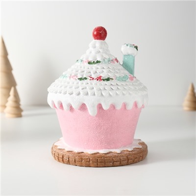 Фигурка световая полистоун «Пряничный домик розовый в глазури со снеговиком», 11.5×11.5×15 см