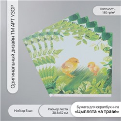 Бумага для скрапбукинга «Цыплята на траве», плотность 180 г, набор 5 шт., 30.5×32 см