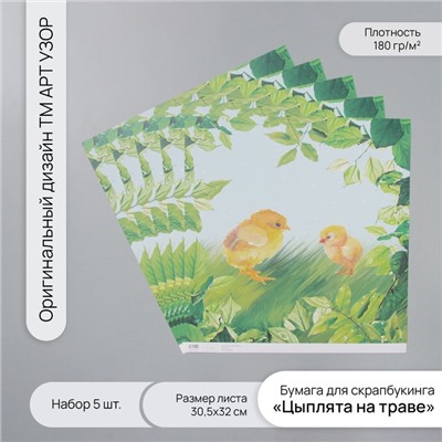 Бумага для скрапбукинга «Цыплята на траве», плотность 180 г, набор 5 шт., 30.5×32 см