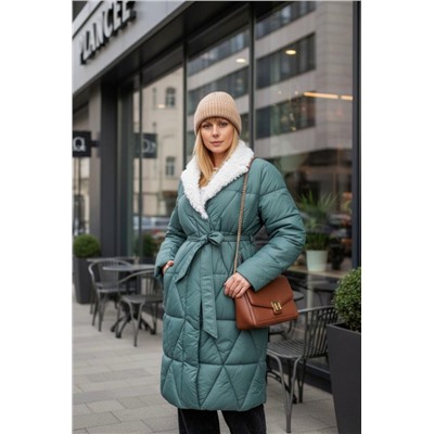 Стеганое пальто с меховой отделкой арт. 2818 (Бирюзовый)