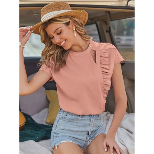 с оборками Одноцветный Элегантный Блузы SKU: swblouse23210329866