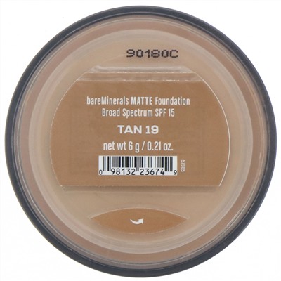 bareMinerals, Matte, тональная основа, SPF 15, оттенок «Загорелый 19», 6 г