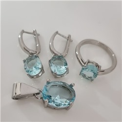 Комплект ювелирной бижутерии коллекция "Дубай" серьги, кулон и кольцо 17 р покрытие посеребрение, вставка: стекло, цвет: голубой, арт.215.629-17